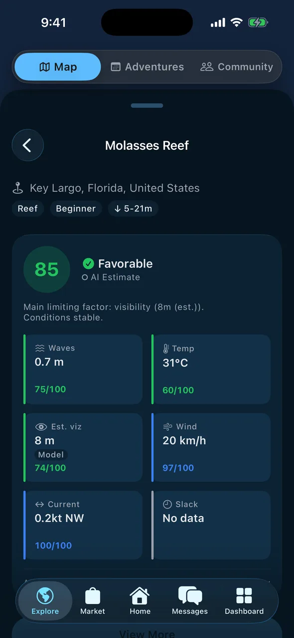 Map and dive-site conditions